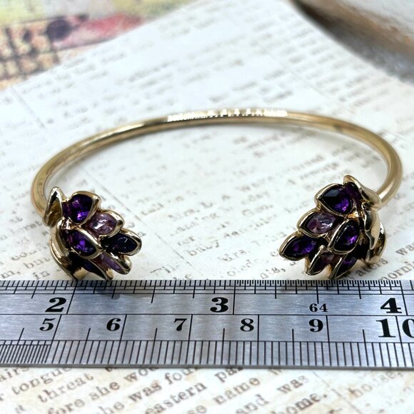 Designer Purple Lavender Crystal Rhinestone Lotus Flower Cuff Bracelet Gold Tone - Picture 11 of 14